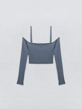 Zara Slate Blue Off-Shoulder Ribbed Cropped Top in size S